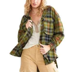 Free People We The Free Izzy Cargo Shirt plaid oversized Shacket Green Grunge M